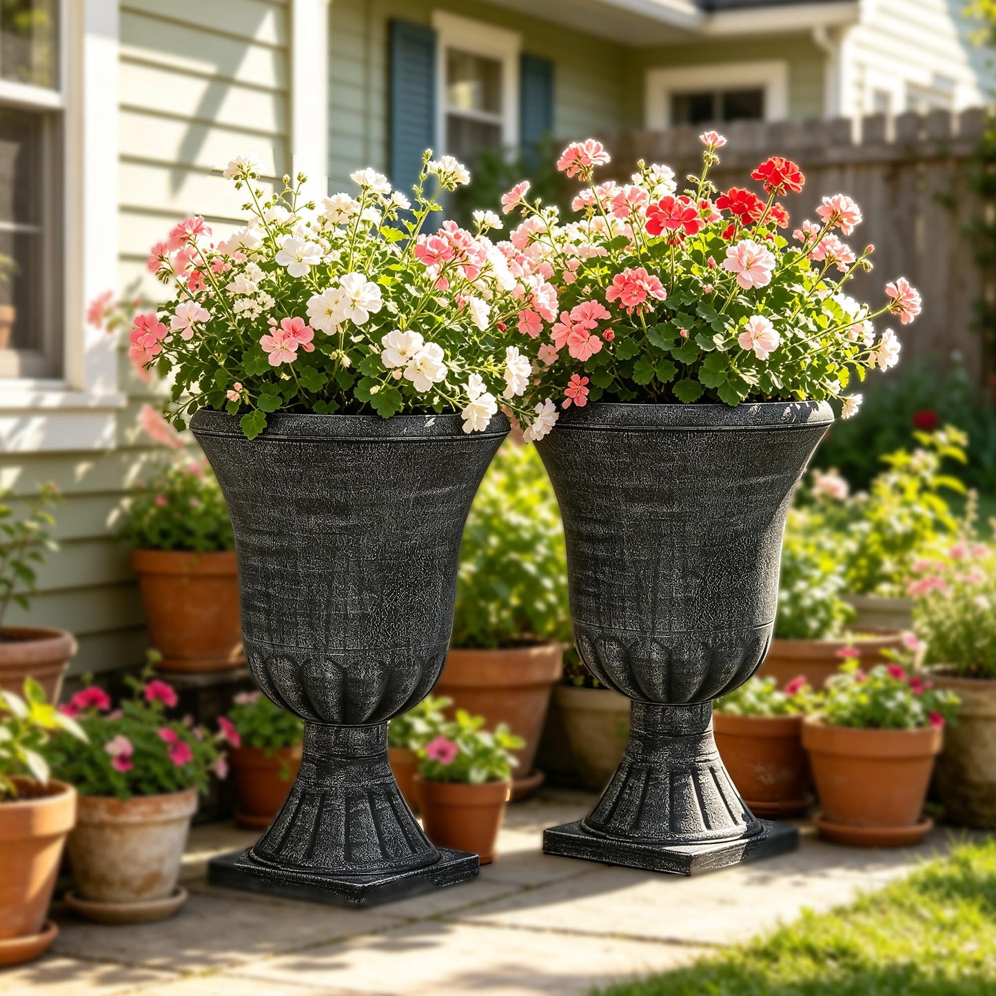 Autodaya 22" Urn Planters Outdoor Planter for Plants Set of 2 Timeless Plastic Large Flower Pot with Drainage Hole Terrazzo White Garden Pots for Porch, Patio Christmas Decor