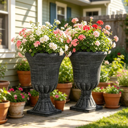 Autodaya 22" Urn Planters Outdoor Planter for Plants Set of 2 Timeless Plastic Large Flower Pot with Drainage Hole Terrazzo White Garden Pots for Porch, Patio Christmas Decor