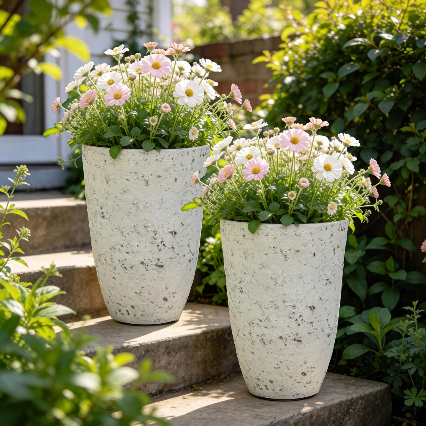 Autodaya 22" Urn Planters Outdoor Planter for Plants Set of 2 Timeless Plastic Large Flower Pot with Drainage Hole Terrazzo White Garden Pots for Porch, Patio Christmas Decor