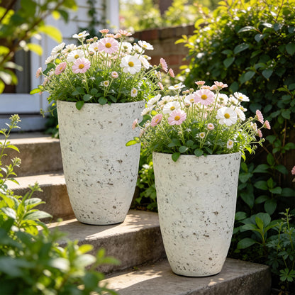 Autodaya 22" Urn Planters Outdoor Planter for Plants Set of 2 Timeless Plastic Large Flower Pot with Drainage Hole Terrazzo White Garden Pots for Porch, Patio Christmas Decor