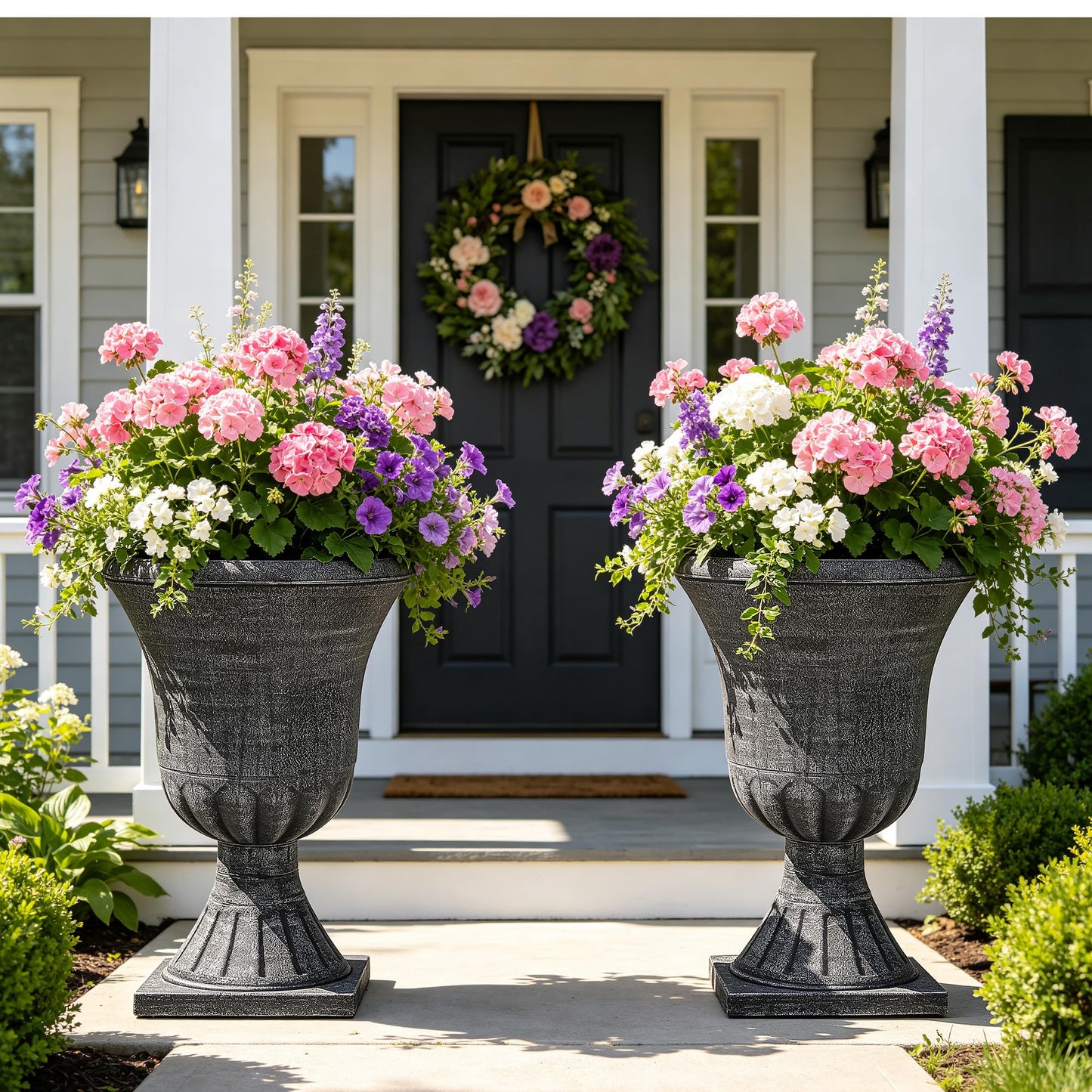 Autodaya 22" Urn Planters Outdoor Planter for Plants Set of 2 Timeless Plastic Large Flower Pot with Drainage Hole Terrazzo White Garden Pots for Porch, Patio Christmas Decor