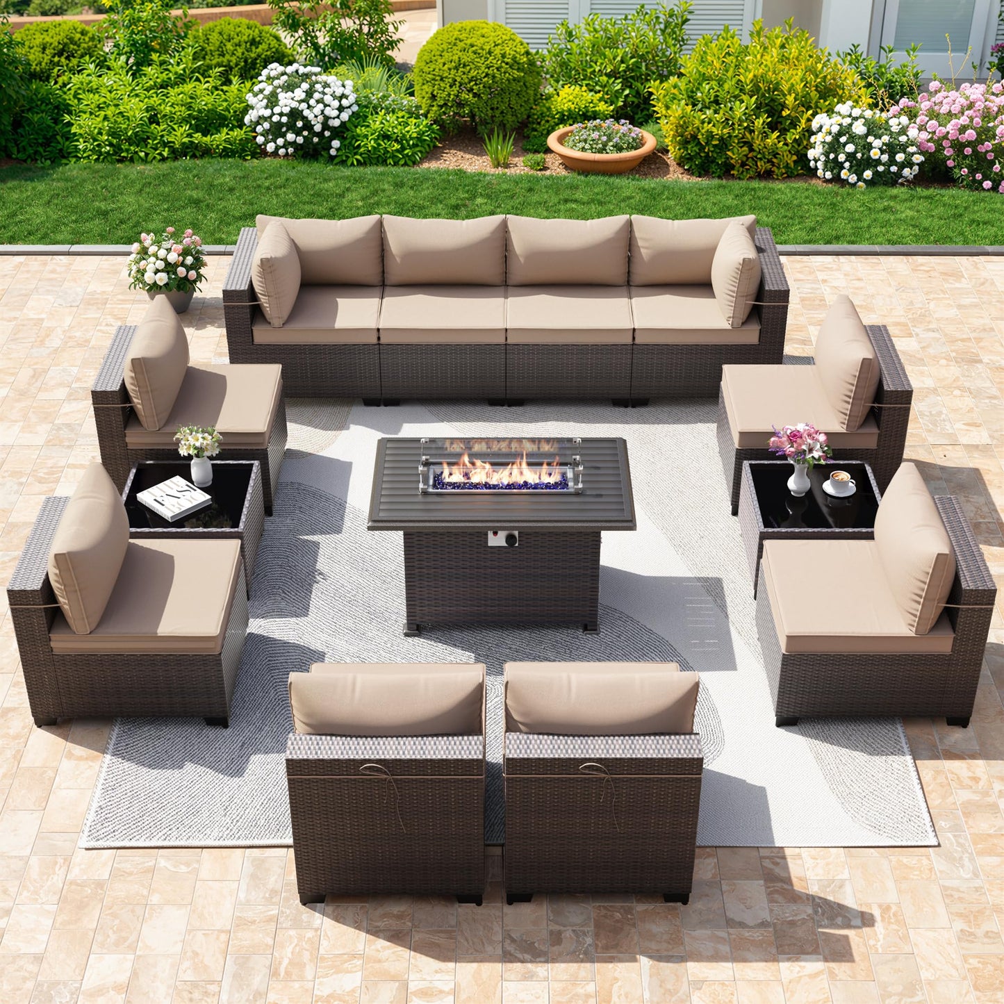 13 PCS Outdoor Patio Furniture Set,Outdoor Sectional Furniture with 43" 55000 BTU Gas Propane Fire Pit Table,All Weather PE Rattan Wicker Patio Conversation Set,Navy Blue