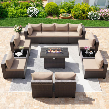13 PCS Outdoor Patio Furniture Set,Outdoor Sectional Furniture with 43" 55000 BTU Gas Propane Fire Pit Table,All Weather PE Rattan Wicker Patio Conversation Set,Navy Blue