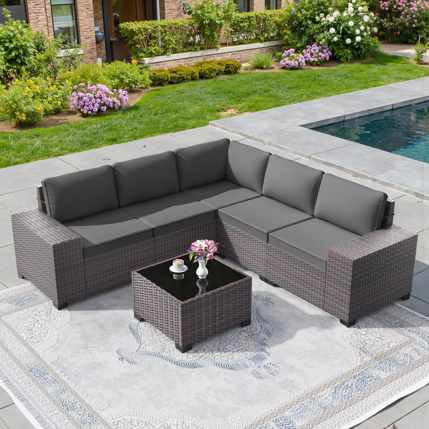 13 PCS Outdoor Patio Furniture Set,Outdoor Sectional Furniture with 43" 55000 BTU Gas Propane Fire Pit Table,All Weather PE Rattan Wicker Patio Conversation Set,Navy Blue