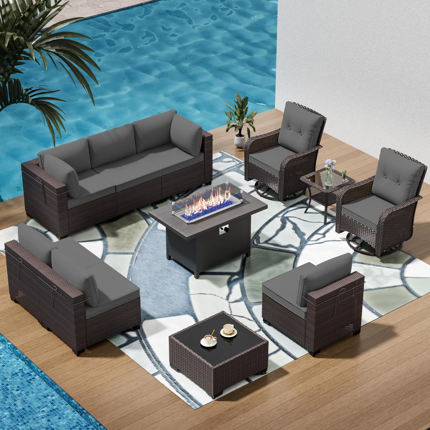 13 PCS Outdoor Patio Furniture Set,Outdoor Sectional Furniture with 43" 55000 BTU Gas Propane Fire Pit Table,All Weather PE Rattan Wicker Patio Conversation Set,Navy Blue