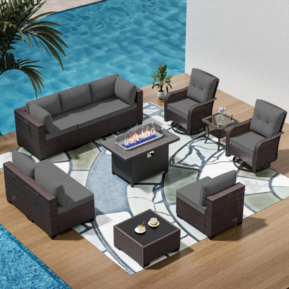 13 PCS Outdoor Patio Furniture Set,Outdoor Sectional Furniture with 43" 55000 BTU Gas Propane Fire Pit Table,All Weather PE Rattan Wicker Patio Conversation Set,Navy Blue