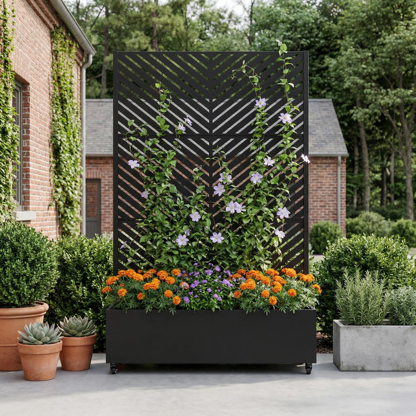 72" H Metal Raised Garden Bed with Trellis and Wheels, Privacy Screen Outdoor Planter Box with Decor Leaf Pattern, Large Mobile Vertical Planter for Patio, Balcony & Backyard