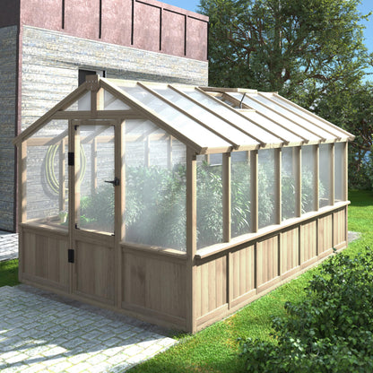 Yardenaler 8x16 FT Greenhouse for Outdoor, 6MM Thick Polycarbonate Panel Wooden Walk-in Green House with Adjustable Roof Vents and Lockable Door, Backyard Garden, Light Mocha Brown