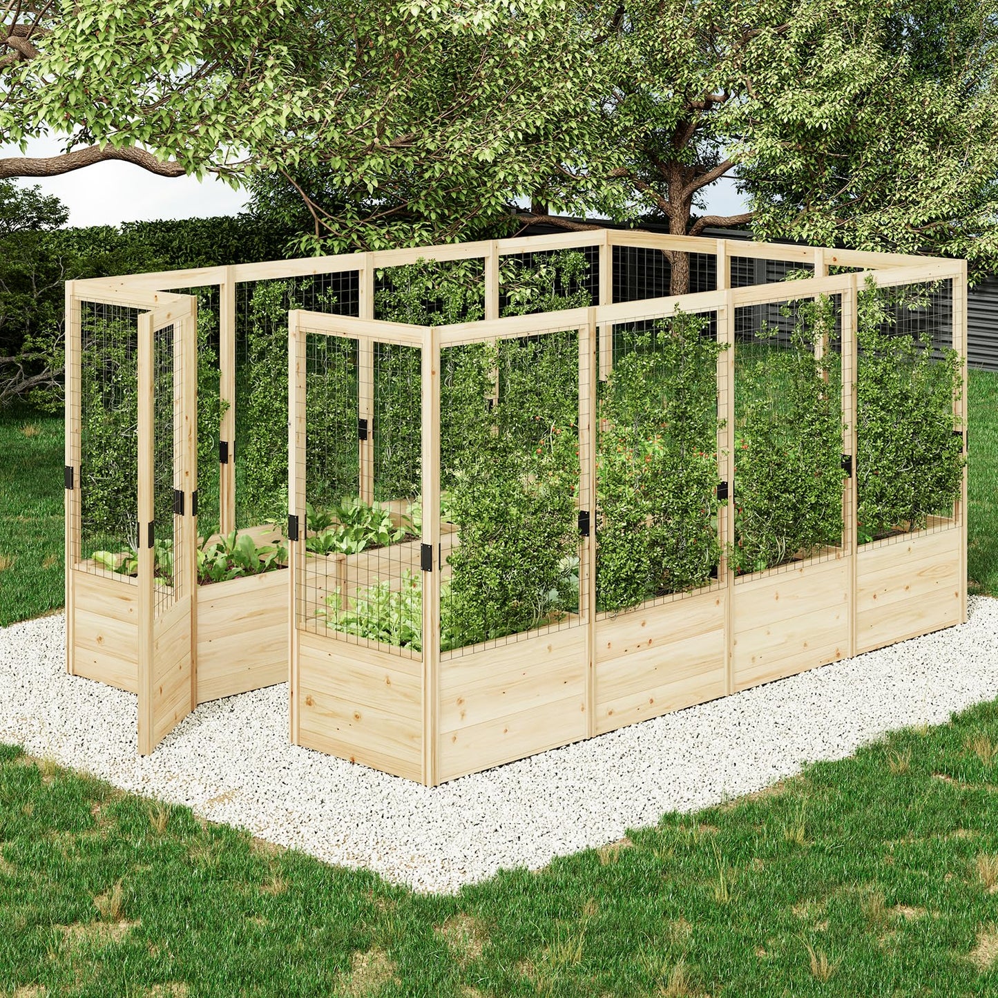 AMERLIFE Raised Garden Bed with Deer Proof Fence, 7.5Wx17Dx6H Outdoor Wooden Raised Garden Bed Planter with 19" Depth Planter Box