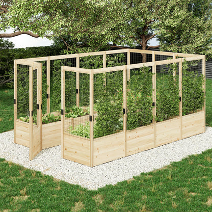 AMERLIFE Raised Garden Bed with Deer Proof Fence, 7.5Wx17Dx6H Outdoor Wooden Raised Garden Bed Planter with 19" Depth Planter Box