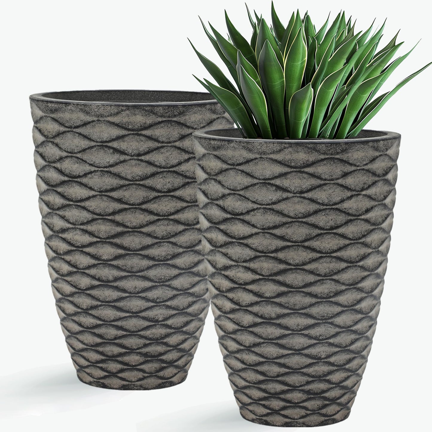 Autodaya 22" Urn Planters Outdoor Planter for Plants Set of 2 Timeless Plastic Large Flower Pot with Drainage Hole Terrazzo White Garden Pots for Porch, Patio Christmas Decor
