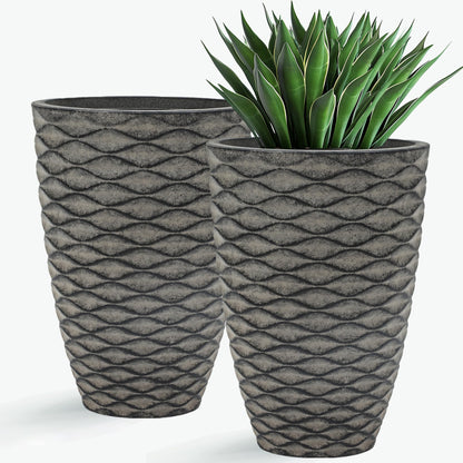 Autodaya 22" Urn Planters Outdoor Planter for Plants Set of 2 Timeless Plastic Large Flower Pot with Drainage Hole Terrazzo White Garden Pots for Porch, Patio Christmas Decor