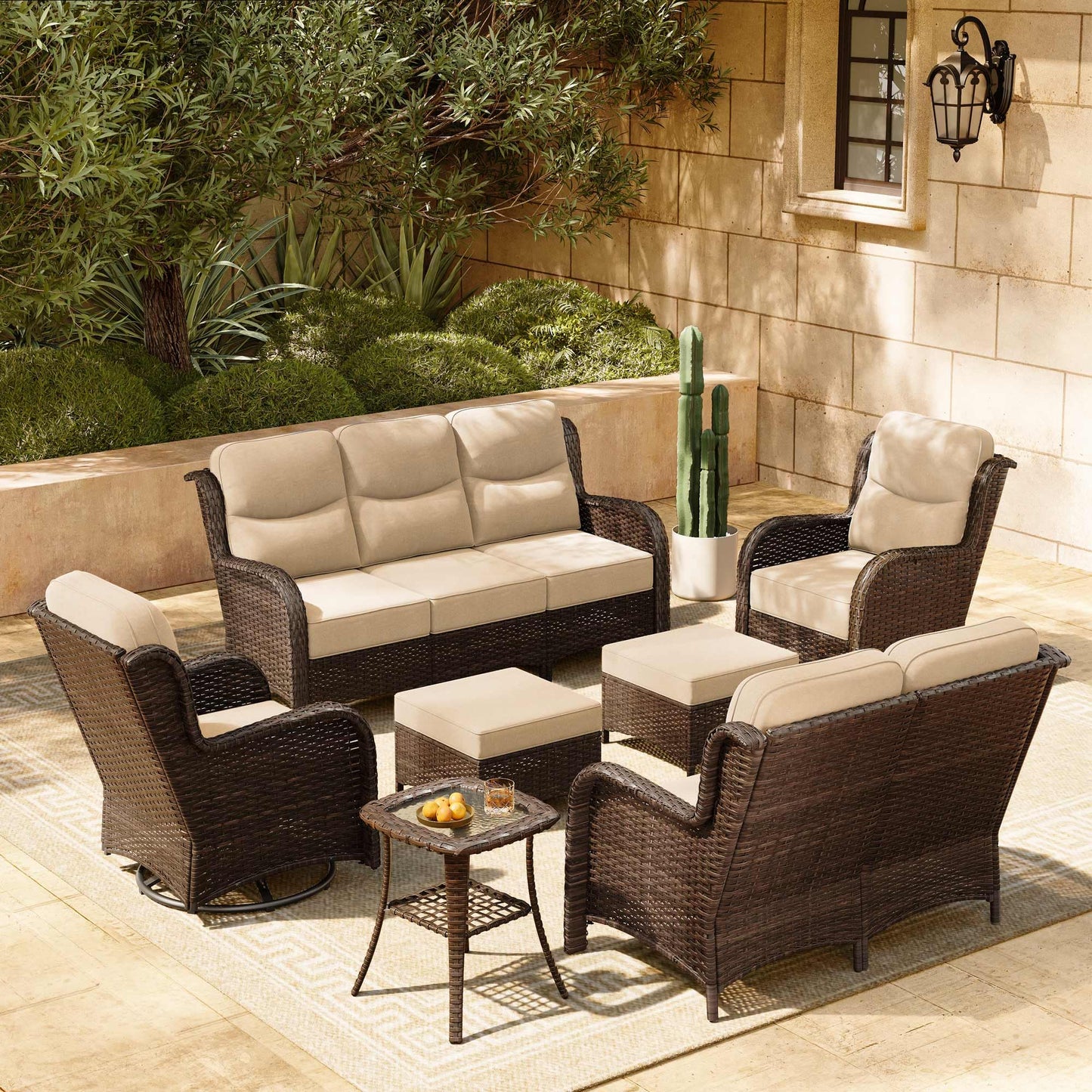 HILLGA 7-Piece Luxury Patio Furniture Set with 6" Thick Cushions, Weather-Resistant Wicker High Back Swivel Rocker Chairs, Senior-Friendly Outdoor Sofa Set for Large Deck, Yard and Poolside, Beige(V2)