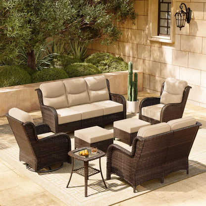 HILLGA 7-Piece Luxury Patio Furniture Set with 6" Thick Cushions, Weather-Resistant Wicker High Back Swivel Rocker Chairs, Senior-Friendly Outdoor Sofa Set for Large Deck, Yard and Poolside, Beige(V2)