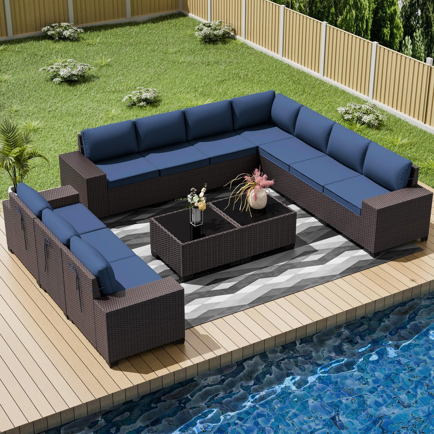 13 PCS Outdoor Patio Furniture Set,Outdoor Sectional Furniture with 43" 55000 BTU Gas Propane Fire Pit Table,All Weather PE Rattan Wicker Patio Conversation Set,Navy Blue
