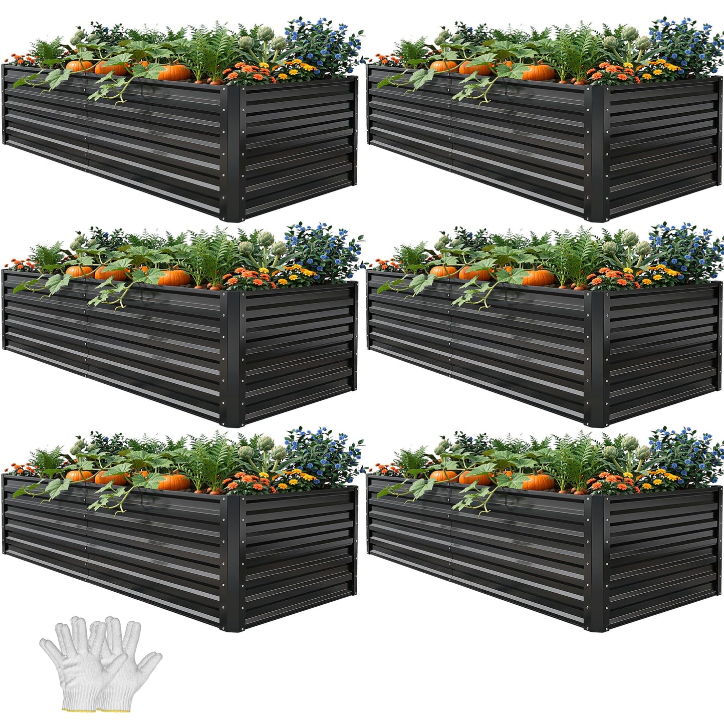 YITAHOME 6pcs 8x4x2 ft Galvanized Raised Garden Bed Kit, Large Metal Planter Box with Gloves, Safety Rubber & Support Rod, Outdoor Flower Bed for Plants Vegetables, Green