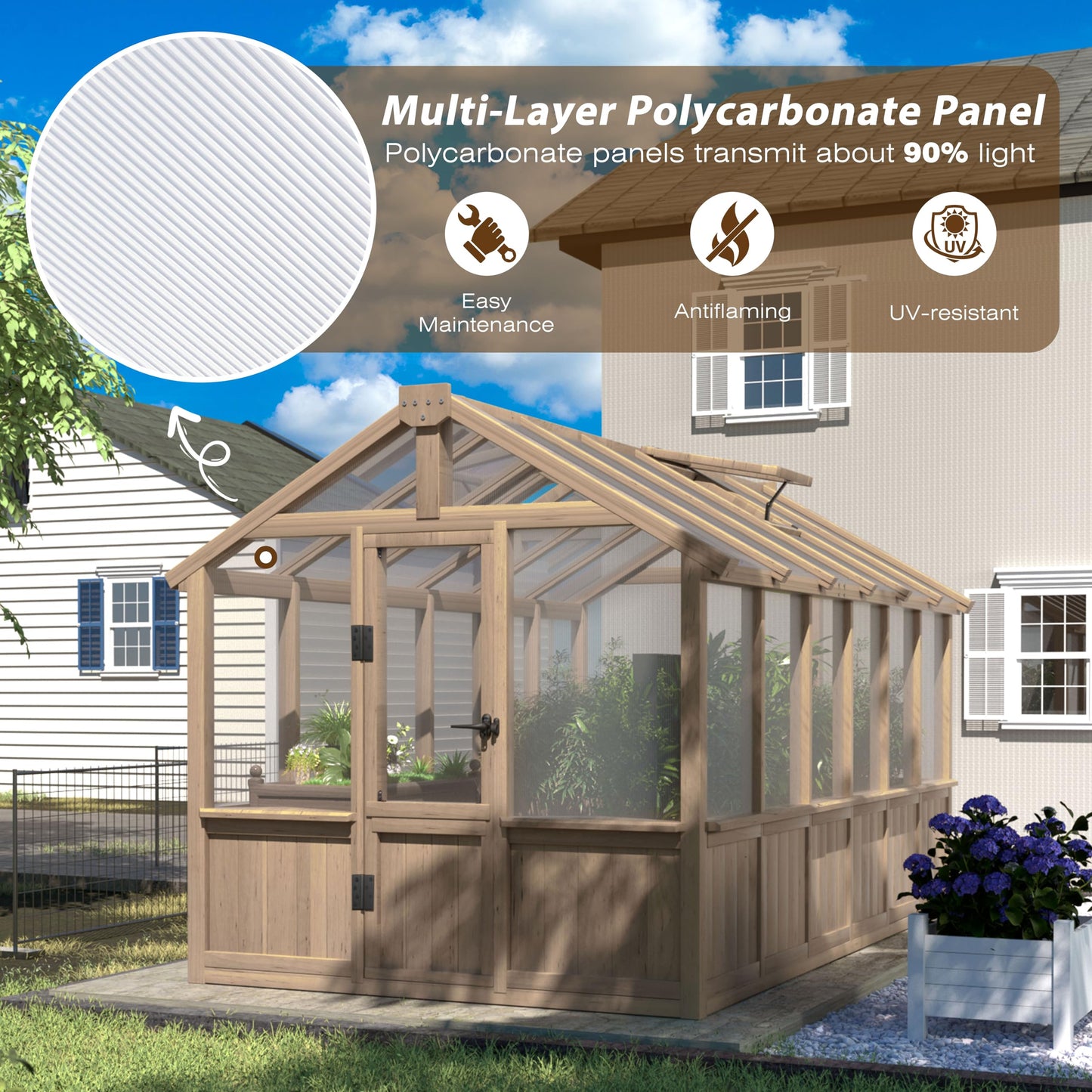 Yardenaler 8x16 FT Greenhouse for Outdoor, 6MM Thick Polycarbonate Panel Wooden Walk-in Green House with Adjustable Roof Vents and Lockable Door, Backyard Garden, Light Mocha Brown