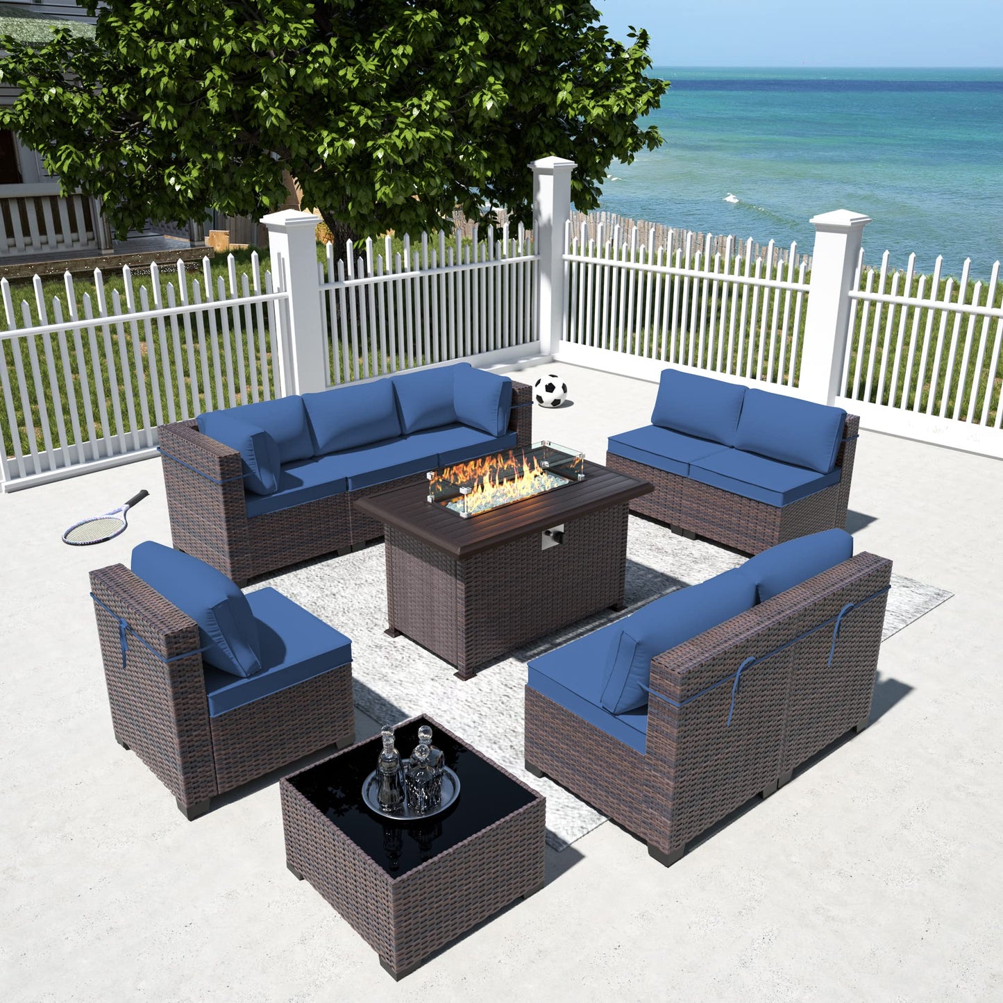 13 PCS Outdoor Patio Furniture Set,Outdoor Sectional Furniture with 43" 55000 BTU Gas Propane Fire Pit Table,All Weather PE Rattan Wicker Patio Conversation Set,Navy Blue