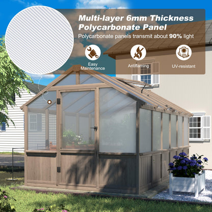 Yardenaler 8x16 FT Greenhouse for Outdoor, 6MM Thick Polycarbonate Panel Wooden Walk-in Green House with Adjustable Roof Vents and Lockable Door, Backyard Garden, Light Mocha Brown