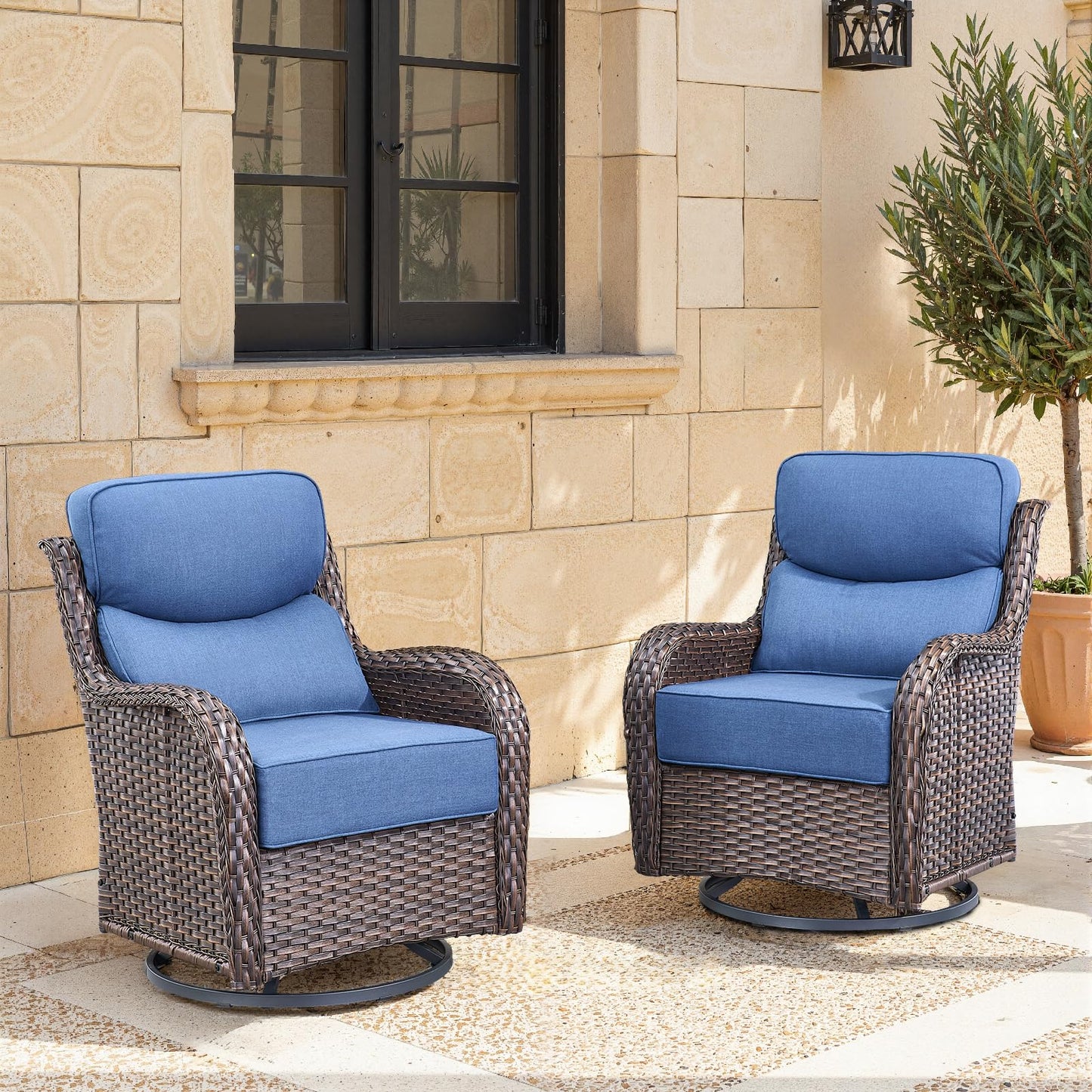 Luxury Patio Furniture Set with 6-inch Thick Cushion, Outdoor Furniture with Fire Pit Table, Swivel Chairs, Sofa, Side Table, Ottomans, 9pcs Wicker Conversation Set(Brown Wicker | Grey Cushion)