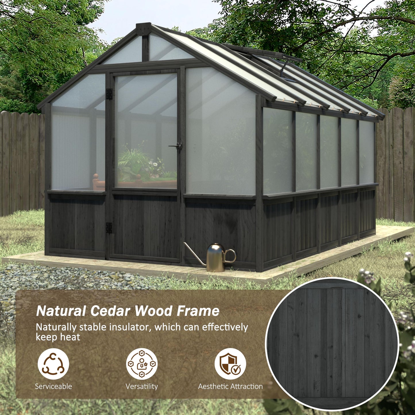 Yardenaler 8x16 FT Greenhouse for Outdoor, 6MM Thick Polycarbonate Panel Wooden Walk-in Green House with Adjustable Roof Vents and Lockable Door, Backyard Garden, Light Mocha Brown