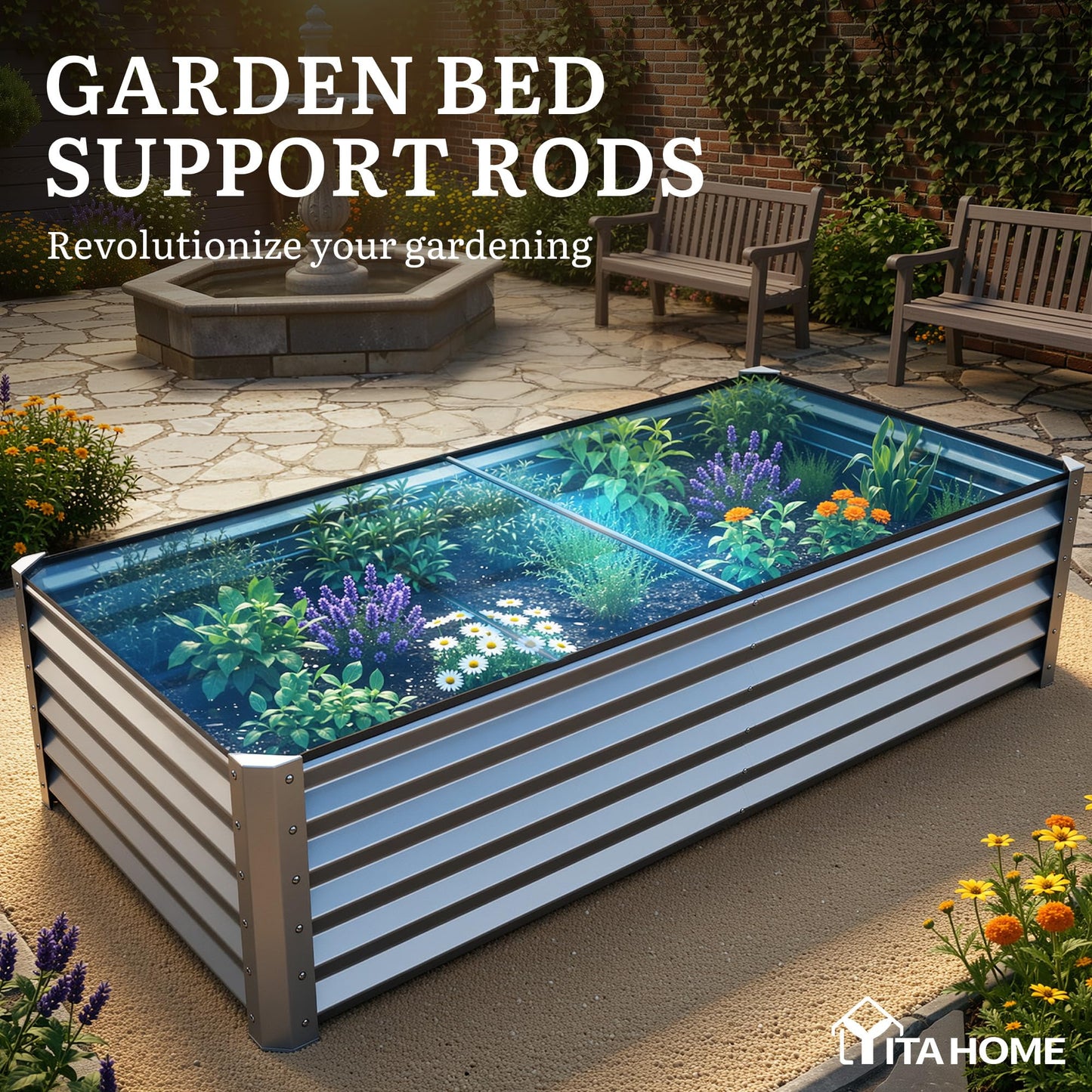 YITAHOME 8x4x1.5ft 2pcs Large Raised Garden Bed Kit, Galvanized Metal Planter Box with Gloves, Outdoor Above Ground Planters for Plants Vegetables Flowers, Silver