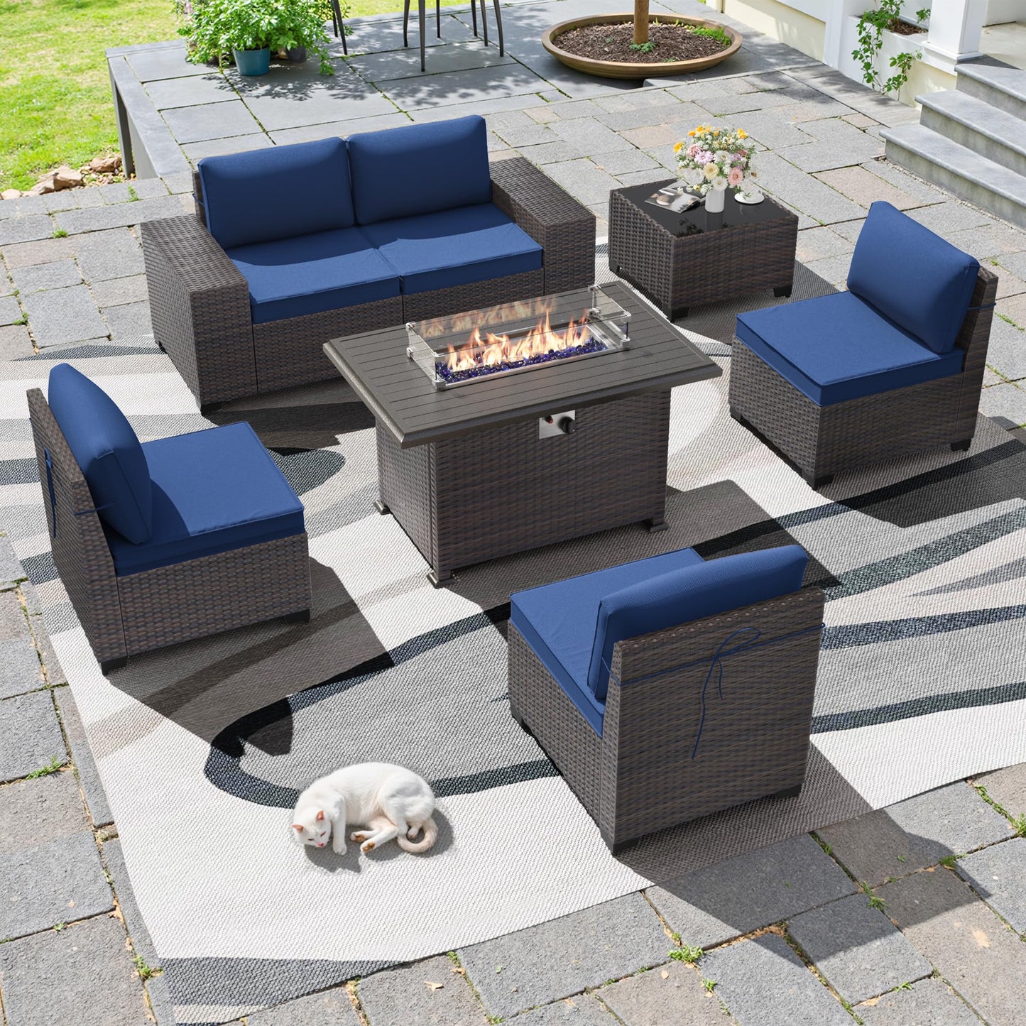 13 PCS Outdoor Patio Furniture Set,Outdoor Sectional Furniture with 43" 55000 BTU Gas Propane Fire Pit Table,All Weather PE Rattan Wicker Patio Conversation Set,Navy Blue