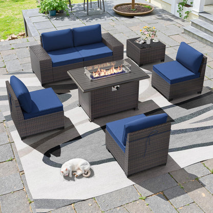 13 PCS Outdoor Patio Furniture Set,Outdoor Sectional Furniture with 43" 55000 BTU Gas Propane Fire Pit Table,All Weather PE Rattan Wicker Patio Conversation Set,Navy Blue