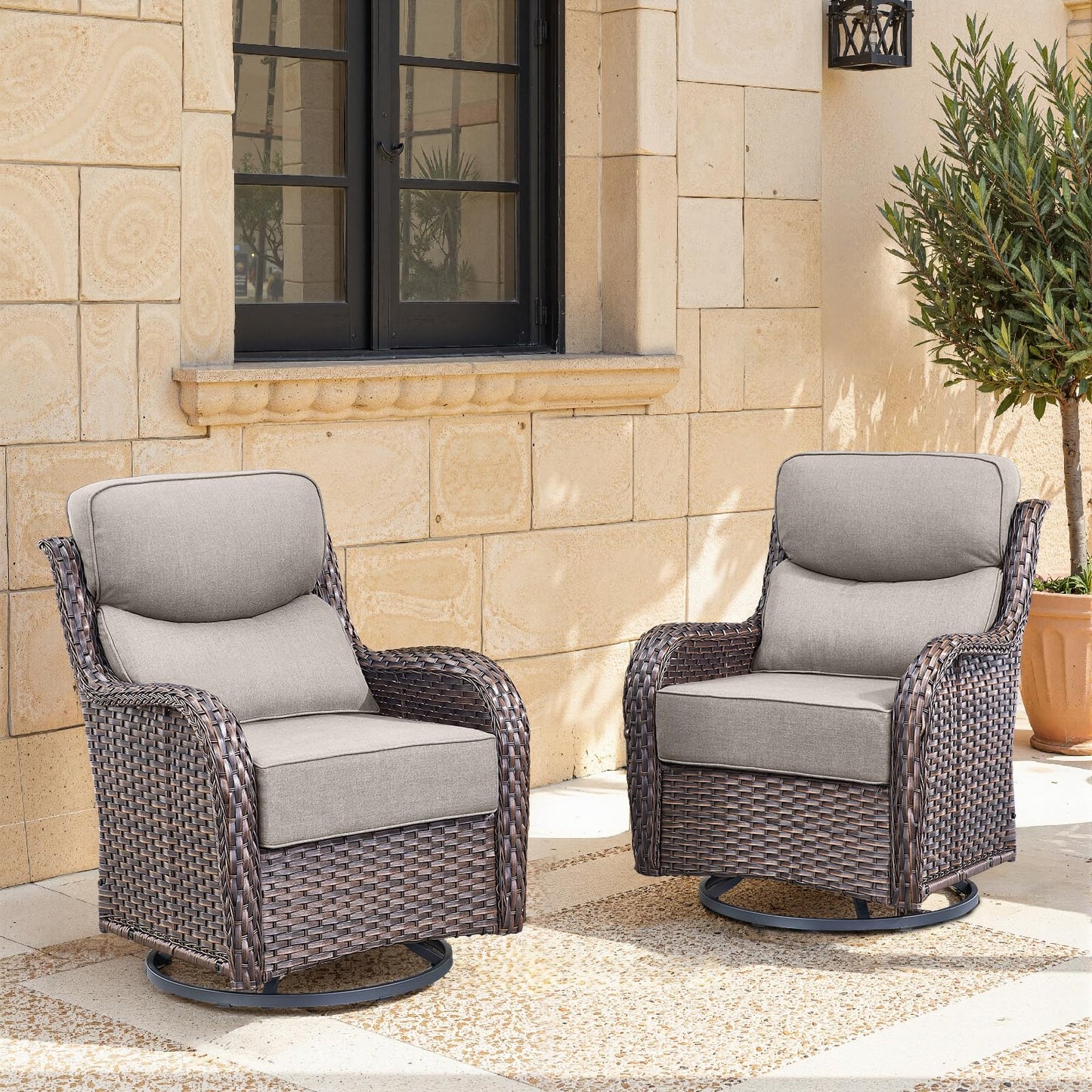 Luxury Patio Furniture Set with 6-inch Thick Cushion, Outdoor Furniture with Fire Pit Table, Swivel Chairs, Sofa, Side Table, Ottomans, 9pcs Wicker Conversation Set(Brown Wicker | Grey Cushion)