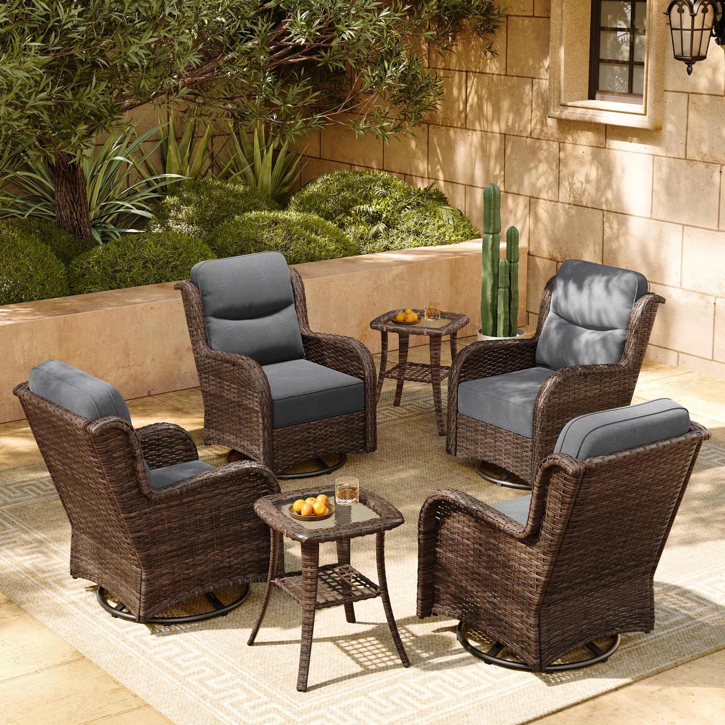 HILLGA 7-Piece Luxury Patio Furniture Set with 6" Thick Cushions, Weather-Resistant Wicker High Back Swivel Rocker Chairs, Senior-Friendly Outdoor Sofa Set for Large Deck, Yard and Poolside, Beige(V2)