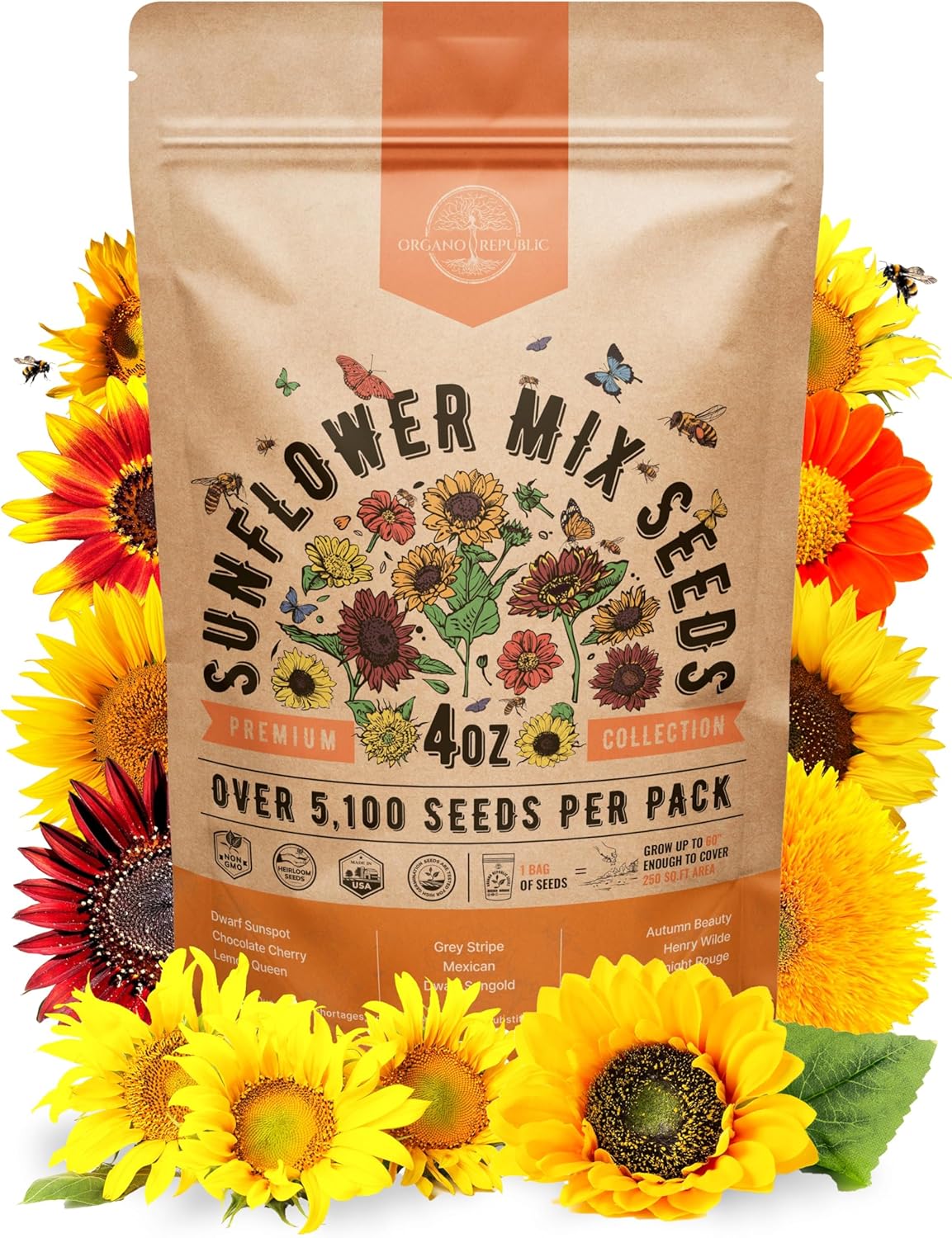Sunflower Mix Seeds Pack 8 oz - Over 10,300 Non-GMO Heirloom Sunflower Seeds for Planting, Annual Flowers in Individual Seed Packet for Planting Home Garden Indoor & Outdoor Gardening