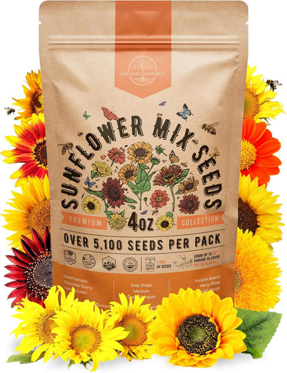 Sunflower Mix Seeds Pack 8 oz - Over 10,300 Non-GMO Heirloom Sunflower Seeds for Planting, Annual Flowers in Individual Seed Packet for Planting Home Garden Indoor & Outdoor Gardening