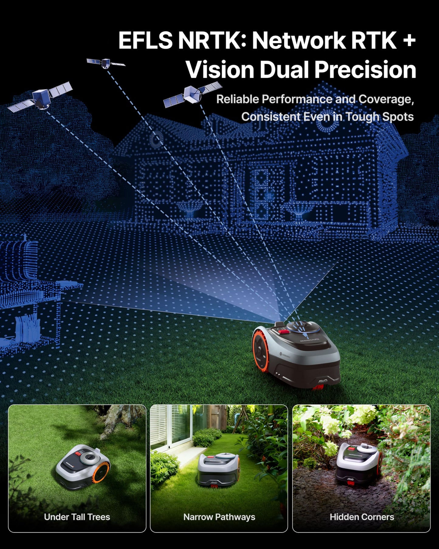 Segway Navimow i110N Robot Lawn Mower Perimeter Wire Free 1/4 Acre RTK+Vision Robotic Lawnmower, AI-Assisted Mapping, Virtual Boundary, APP Control, 58dB(A) Quiet, Multi-Zone Management