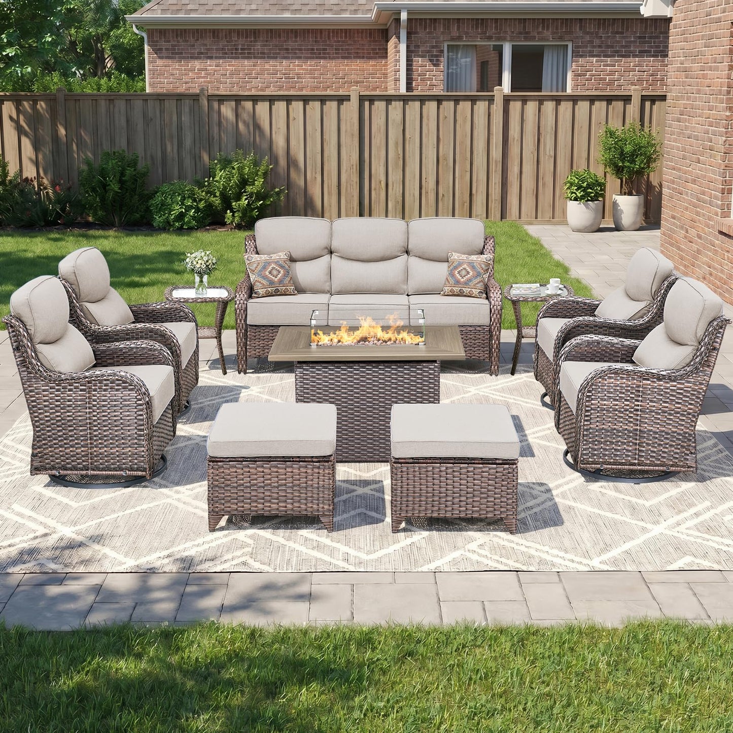 Luxury Patio Furniture Set with 6-inch Thick Cushion, Outdoor Furniture with Fire Pit Table, Swivel Chairs, Sofa, Side Table, Ottomans, 9pcs Wicker Conversation Set(Brown Wicker | Grey Cushion)