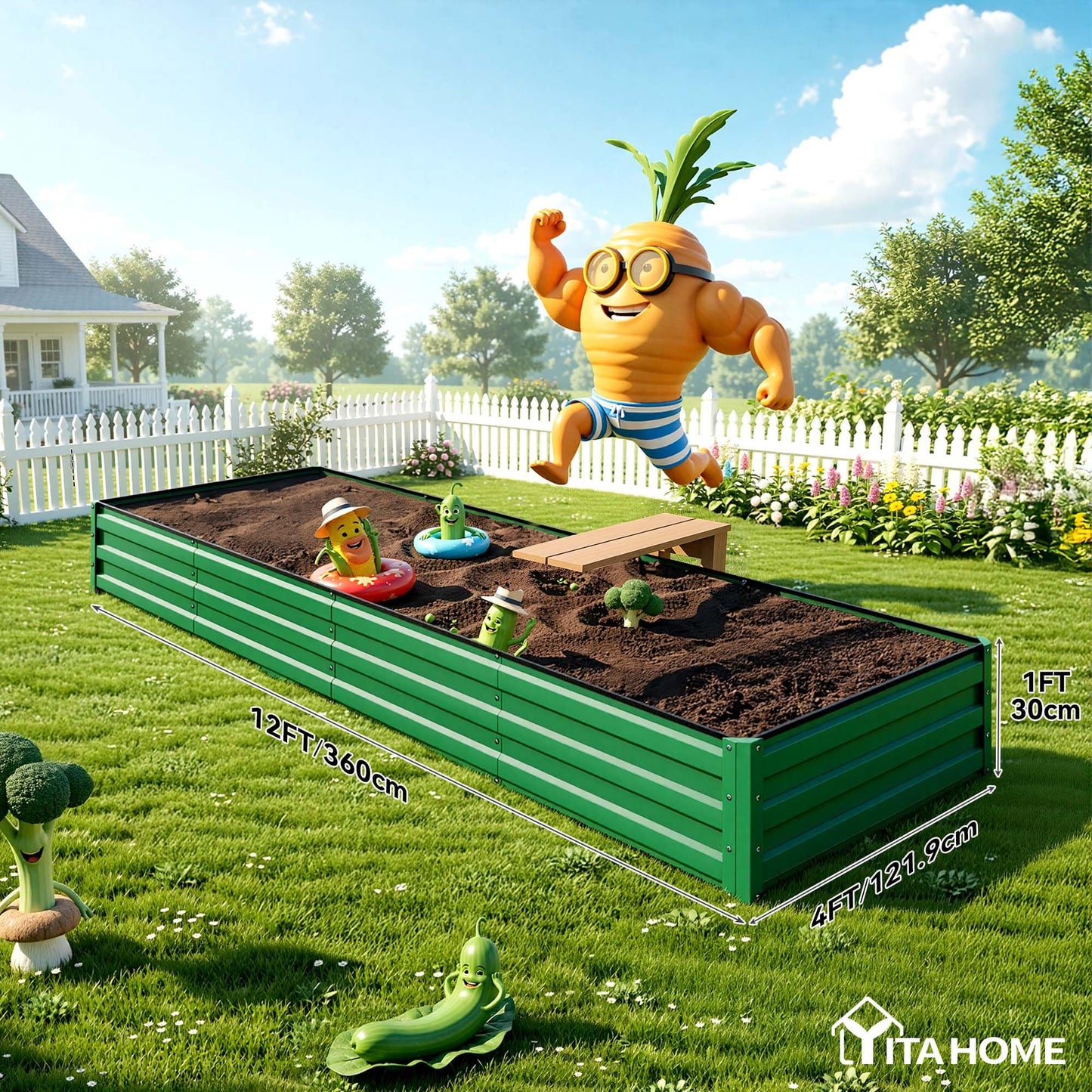 YITAHOME 6pcs 8x4x2 ft Galvanized Raised Garden Bed Kit, Large Metal Planter Box with Gloves, Safety Rubber & Support Rod, Outdoor Flower Bed for Plants Vegetables, Green