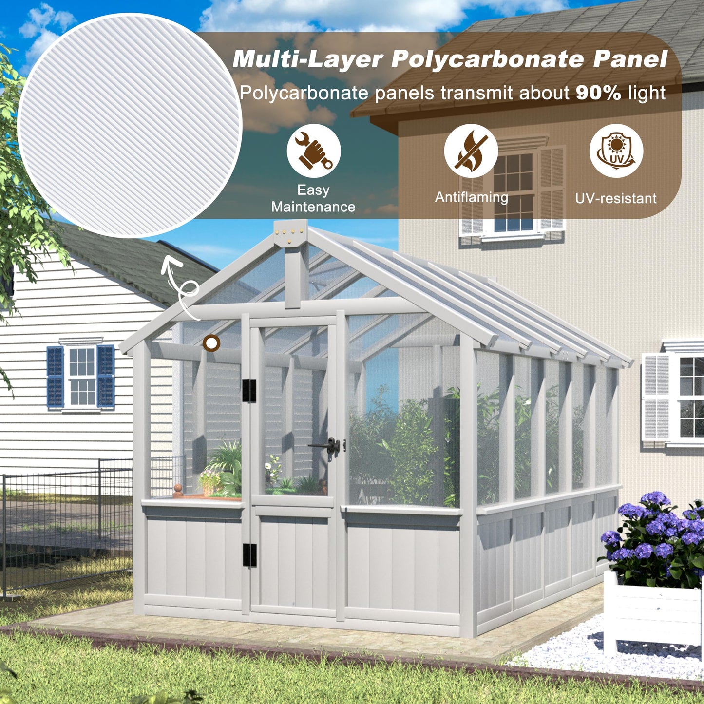 Yardenaler 8x16 FT Greenhouse for Outdoor, 6MM Thick Polycarbonate Panel Wooden Walk-in Green House with Adjustable Roof Vents and Lockable Door, Backyard Garden, Light Mocha Brown