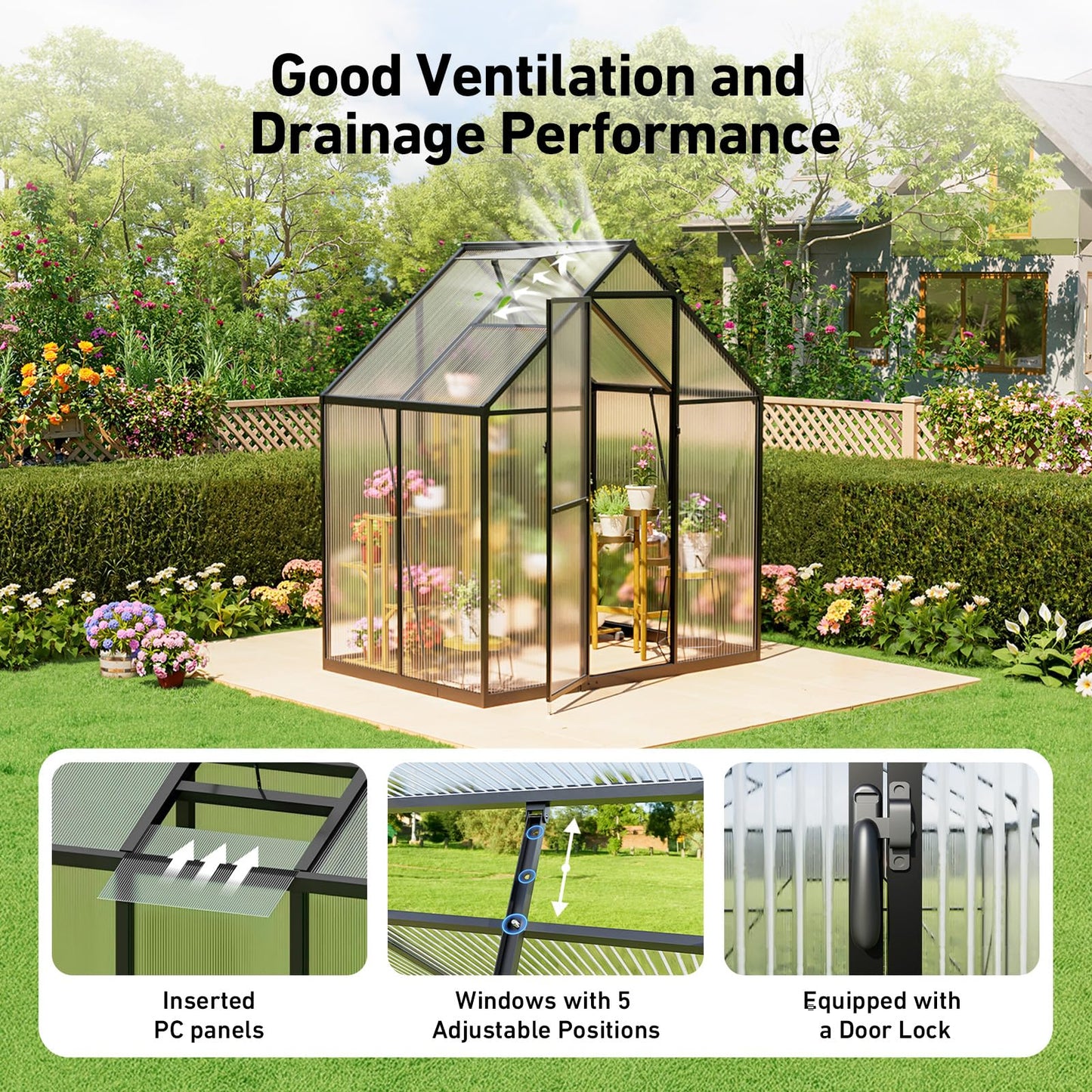 12x12 FT T-Shape Greenhouses, Polycarbonate Green House with UV Protection, Heavy Duty Greenhouse with Windproof Aluminum Frame, Roof Vent & Quick-Install Design for Backyard or Garden Use