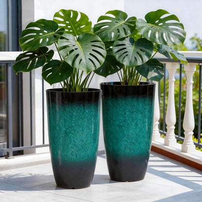 Autodaya 22" Urn Planters Outdoor Planter for Plants Set of 2 Timeless Plastic Large Flower Pot with Drainage Hole Terrazzo White Garden Pots for Porch, Patio Christmas Decor