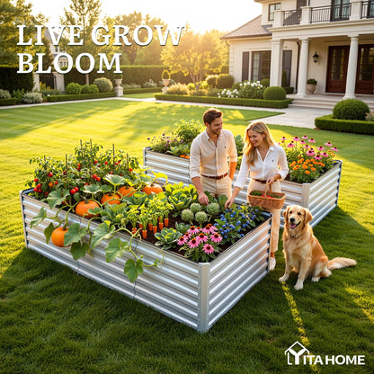 YITAHOME 6pcs 8x4x2 ft Galvanized Raised Garden Bed Kit, Large Metal Planter Box with Gloves, Safety Rubber & Support Rod, Outdoor Flower Bed for Plants Vegetables, Green