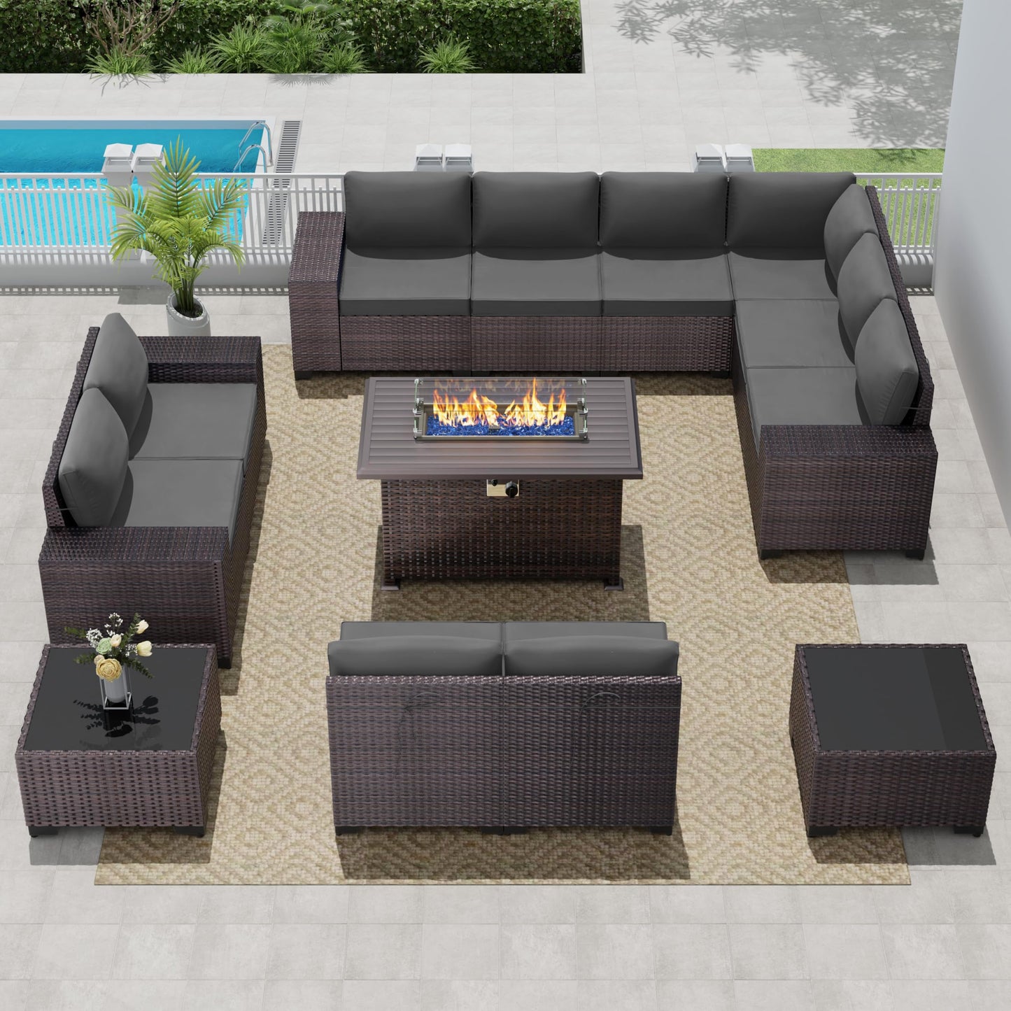 13 PCS Outdoor Patio Furniture Set,Outdoor Sectional Furniture with 43" 55000 BTU Gas Propane Fire Pit Table,All Weather PE Rattan Wicker Patio Conversation Set,Navy Blue
