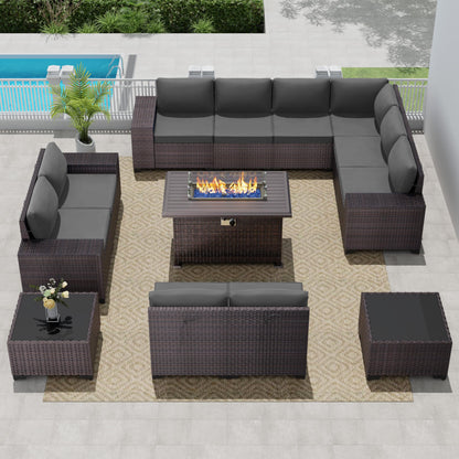 13 PCS Outdoor Patio Furniture Set,Outdoor Sectional Furniture with 43" 55000 BTU Gas Propane Fire Pit Table,All Weather PE Rattan Wicker Patio Conversation Set,Navy Blue