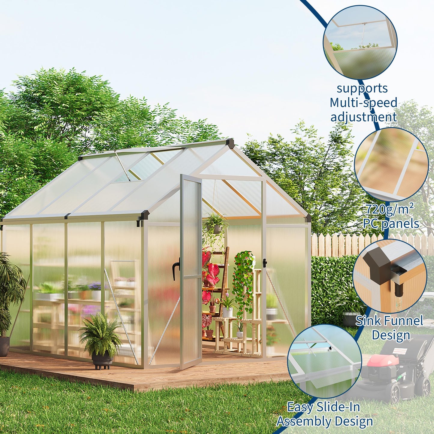 IDEALHOUSE 8×10 FT Greenhouse, Large Walk in Greenhouses for Outdoors and Garden Planting, Polycarbonate Greenhouse with Enhanced Aluminum Frame, Green Houses with Quick Setup Structure and Roof Vent
