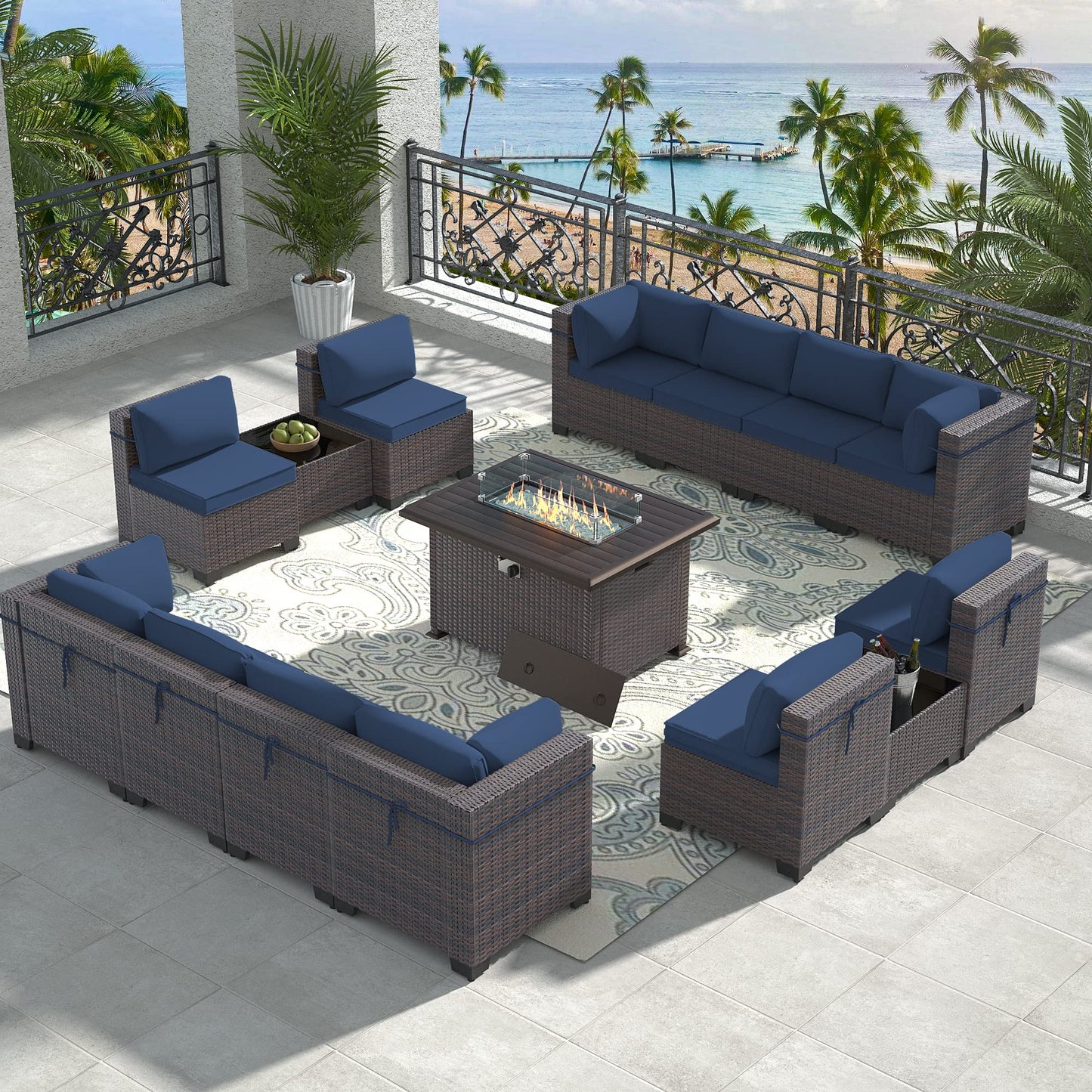 13 PCS Outdoor Patio Furniture Set,Outdoor Sectional Furniture with 43" 55000 BTU Gas Propane Fire Pit Table,All Weather PE Rattan Wicker Patio Conversation Set,Navy Blue