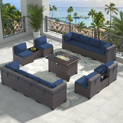 13 PCS Outdoor Patio Furniture Set,Outdoor Sectional Furniture with 43" 55000 BTU Gas Propane Fire Pit Table,All Weather PE Rattan Wicker Patio Conversation Set,Navy Blue