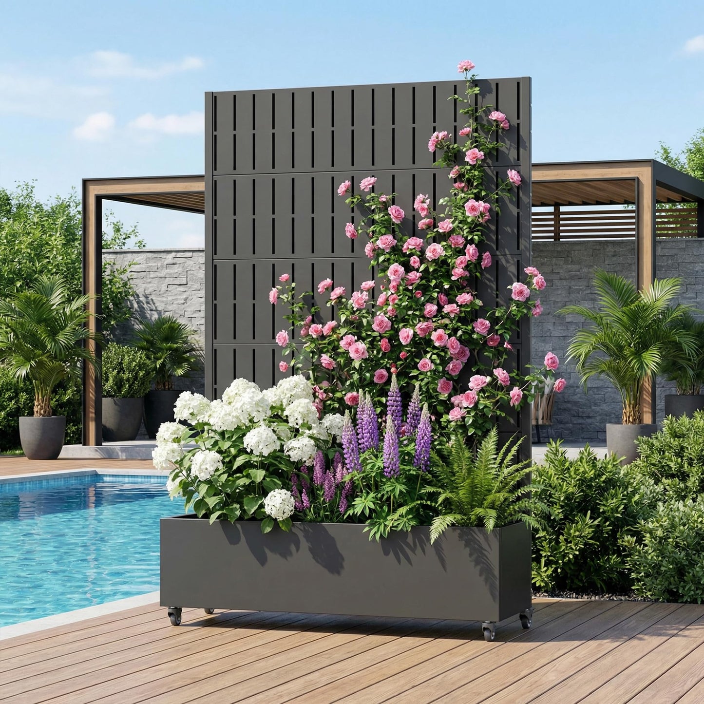 72" H Metal Raised Garden Bed with Trellis and Wheels, Privacy Screen Outdoor Planter Box with Decor Leaf Pattern, Large Mobile Vertical Planter for Patio, Balcony & Backyard