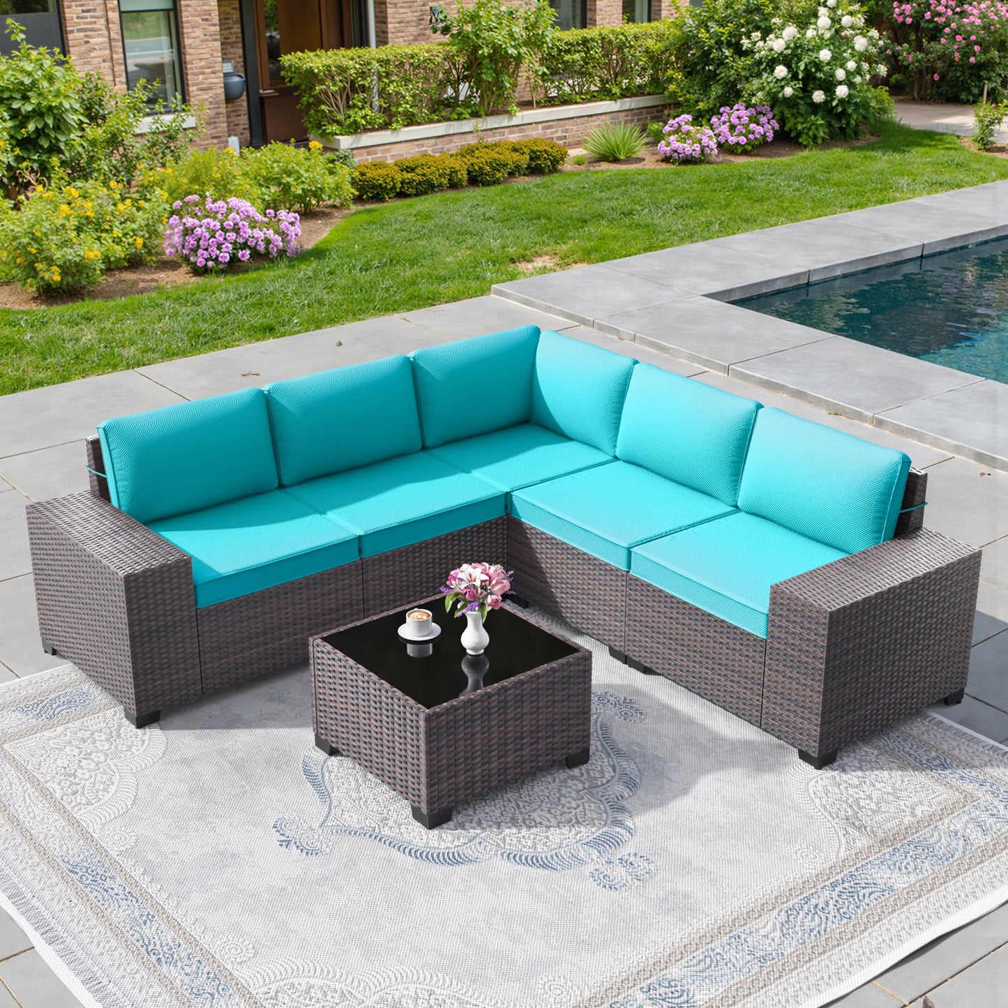 13 PCS Outdoor Patio Furniture Set,Outdoor Sectional Furniture with 43" 55000 BTU Gas Propane Fire Pit Table,All Weather PE Rattan Wicker Patio Conversation Set,Navy Blue