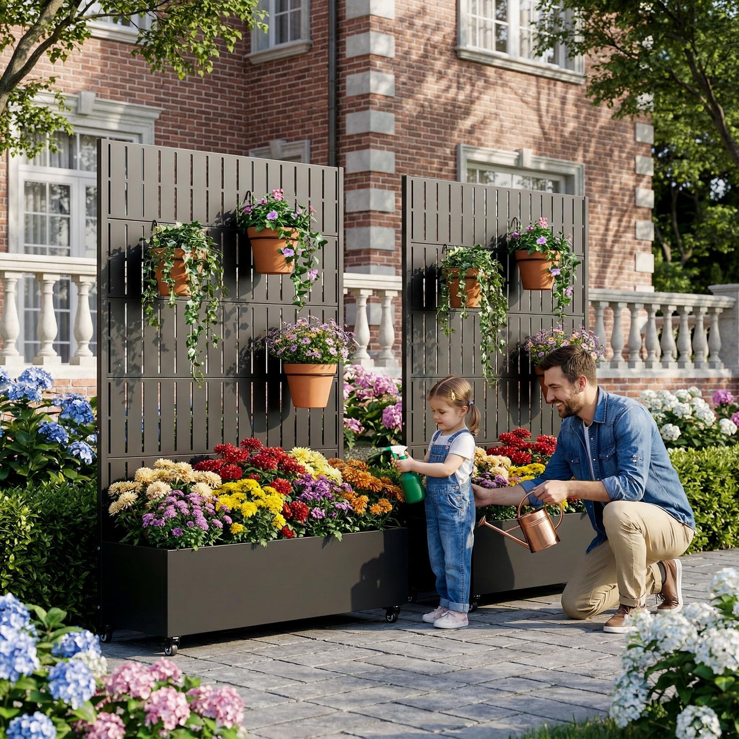 72" H Metal Raised Garden Bed with Trellis and Wheels, Privacy Screen Outdoor Planter Box with Decor Leaf Pattern, Large Mobile Vertical Planter for Patio, Balcony & Backyard