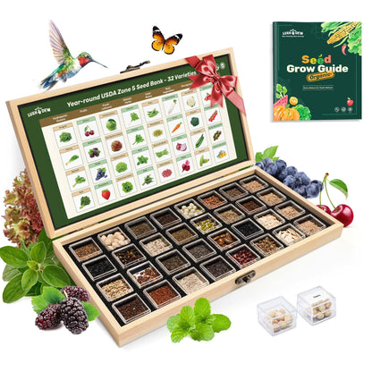 Lush&Dew Year-Round USDA Zone 9 Seed Bank, Gardening Gifts for Women Men, 32 Varieties Non-GMO Heirloom Seeds of Vegetables Herbs Fruits, Gift for Mom Dad, Survival Seed Kit for Raised Garden Beds