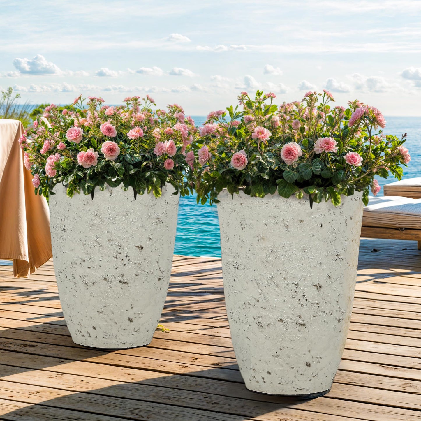 Autodaya 22" Urn Planters Outdoor Planter for Plants Set of 2 Timeless Plastic Large Flower Pot with Drainage Hole Terrazzo White Garden Pots for Porch, Patio Christmas Decor
