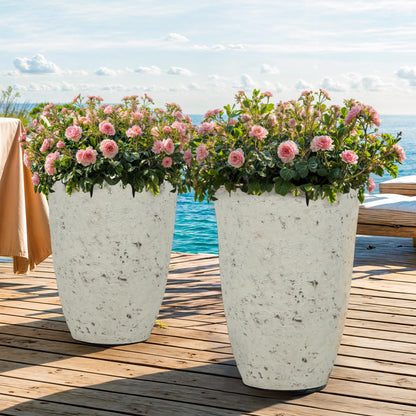 Autodaya 22" Urn Planters Outdoor Planter for Plants Set of 2 Timeless Plastic Large Flower Pot with Drainage Hole Terrazzo White Garden Pots for Porch, Patio Christmas Decor